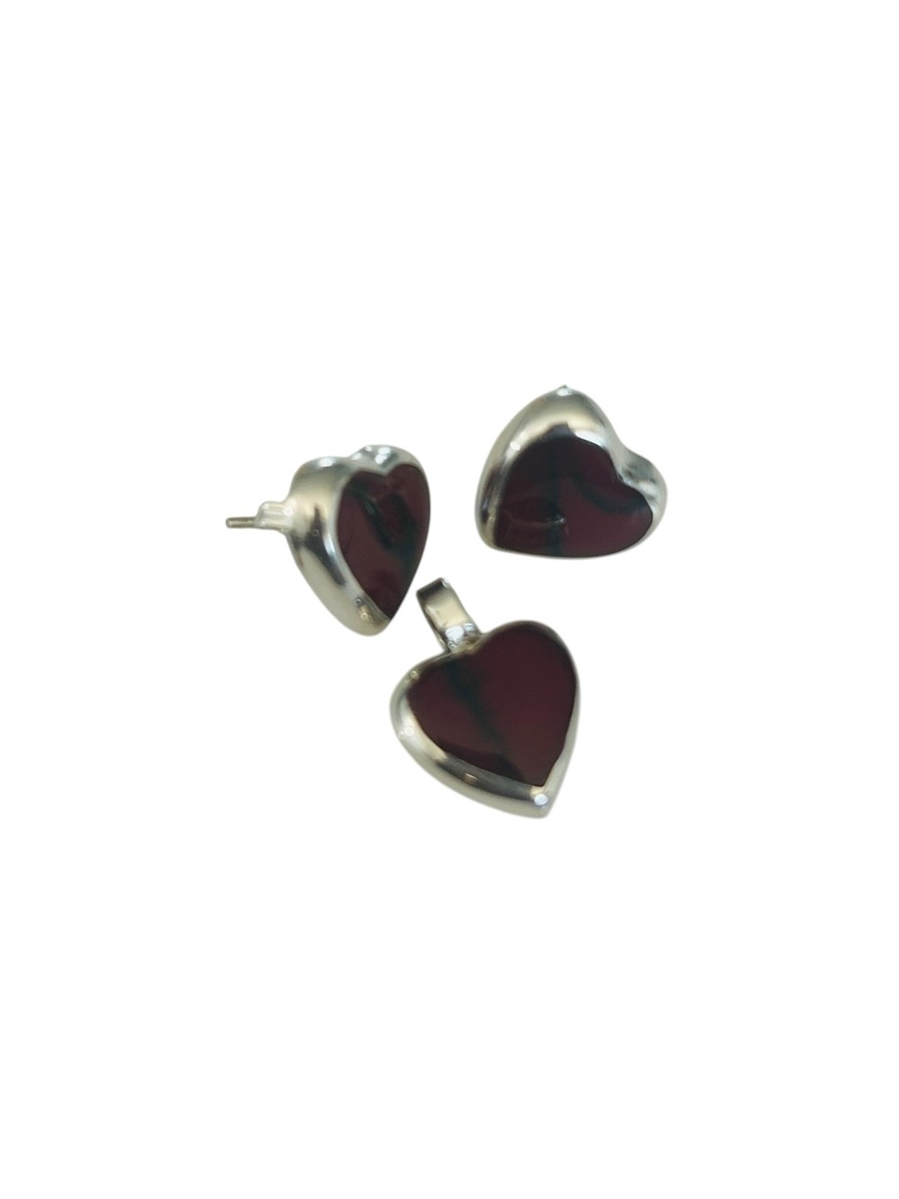 Taxco Mexico .925 Sterling Silver Heart Jewelry Set – Red Stone – Aprox  1.5 CM - Picture 7 of 10